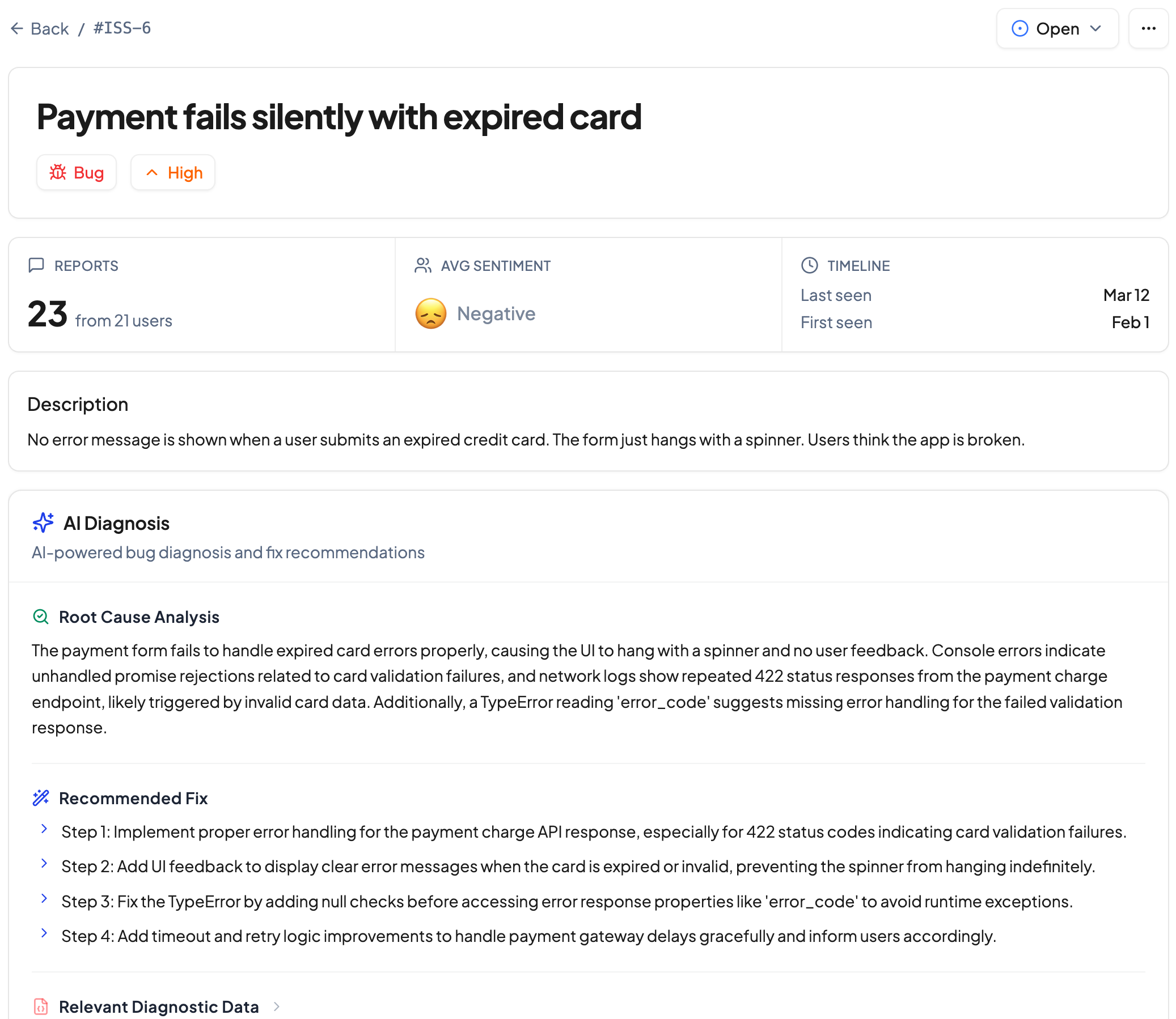 FeedbackDrop issues dashboard showing AI-grouped bug reports